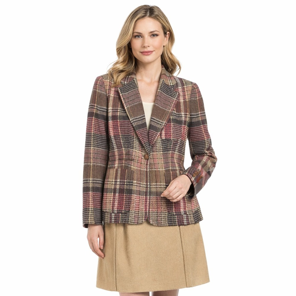 Vintage Evan‎ Picone Wool Skirt Suit Set Plaid Blazer Camel Skirt Womens Classic - Picture 2 of 16